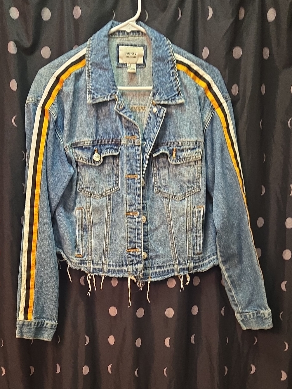 Forever 21 Blue Denim Jacket with Yellow and Black Sleeve Stripes